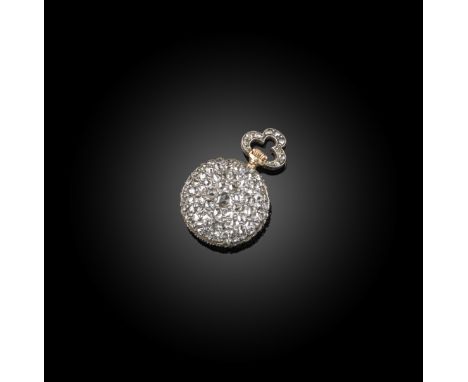A diamond pendant watch, early 20th century, the white enamelled dial with blue enamel indicators and red and gold enamel dec