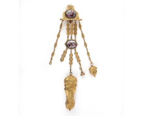 A gilt metal, enamel and marcasite chatelaine, mid 19th century, designed in the Rococo revival style, the belt hook and cent
