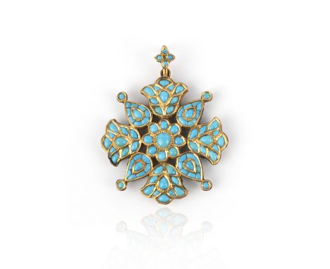 A turquoise and enamel pendant, India, of radiating floral design, set with cabochon turquoise, the reverse applied with flor