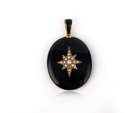 An enamel and pearl locket, late 19th century, of oval outline, the front and bail applied with black enamel, centring on a s