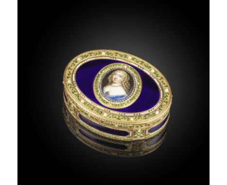 A gold, enamel and diamond snuff box, possibly France, mid 19th century, of oval outline, the lid set with an enamel portrait