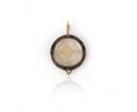 An enamel and hair work mourning pendant, 18th century, of circular outline, the glazed central section containing knotted ha