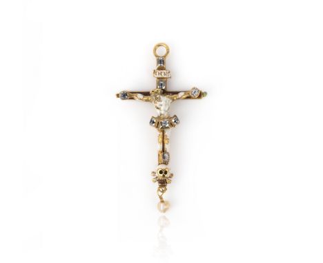 A fine and rare gold, enamel, pearl and diamond crucifix pendant, circa 1600, depicting Christ on the cross, a banner reading