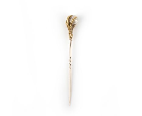 A pearl stick pin, late 19th century, designed as a bird's claw holding a pearl, mounted in gold, length 7.9cm, pearl unteste