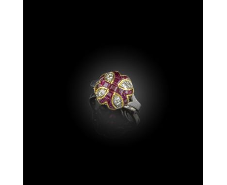 A ruby and diamond ring, designed as a cluster with a Templar cross in calibré-cut rubies, spaced by pavé-set brilliant-cut d