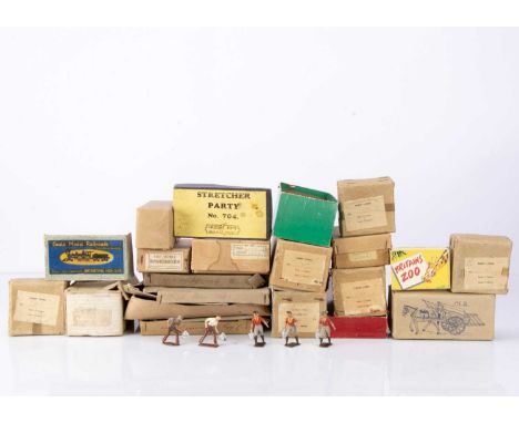 A lot of empty farm and civilian lead boxes by various makers including Hill and Charbens comprising Crescent Toys trade box 