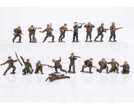 Timpo Toys lead US GIs (16 + mortar) and British Tommies (6) plus Sailor with telescope, Crescent Toys Army stretcher team (4