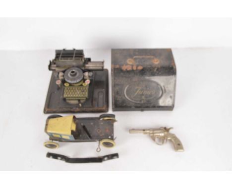 Tin Toys including Burnett Car pars and Gerbruder Schmidt Typewriter and metal Toy Gun, Car includes chassis, clockwork requi