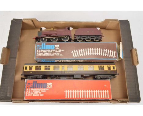 Lima 0 Gauge 2-Rail Locomotive and Coach and oval of track (5, including tender), unboxed LMS maroon Class 3F 0-6-0 3129 Loco