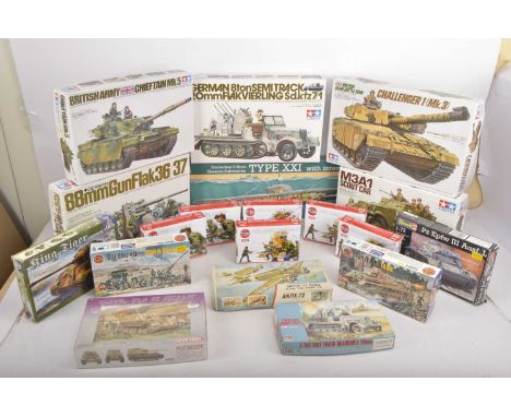 Unbuilt Tamiya Airfix Revell plastic Soldiers and Military kits scale in original boxes (19), comprising Tamiya M3A1 Scout ca