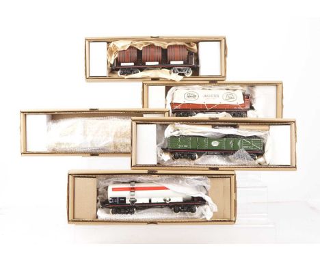 1980's boxed Paya Goods bogie Rolling Stock (5),  Triple Barrel wagon, green gondola with coal load, Covered wagon with look 