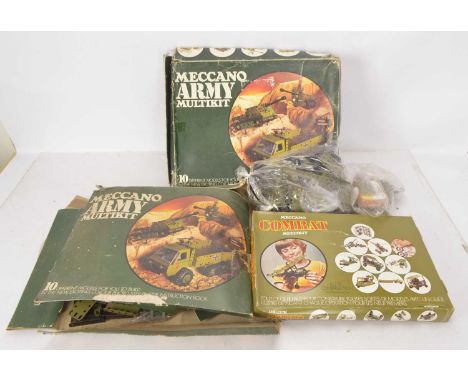 Meccano Army Sets and unboxed parts (qty), Combat Multikit (4, one box empty) and Army Multikit, most appear with majority of