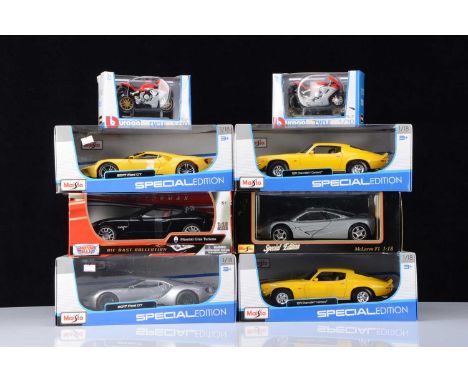 1:18 Scale Modern Sports Cars and Motor Bikes (8), all boxed, Maisto 31384 2017 Ford GT (2) yellow/silver, 31131 1971 Chevrol