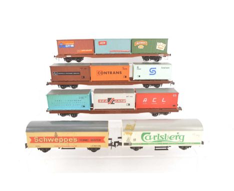Lima 0 Gauge Freightliner wagons and Vans, three brown liner wagons, each with three containers, one modified with finescale 
