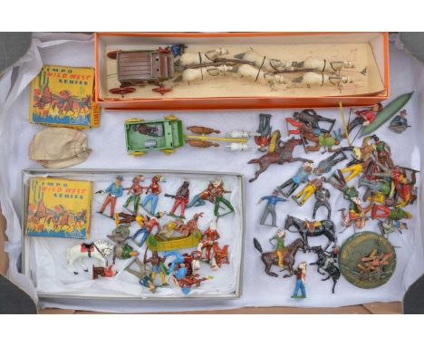 A lot of Wild West figures by various makers including Hill and Crescent Toys etc comprising Timpo individual boxed horses WW