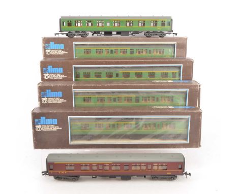 Lima 0 Gauge BR SR bright green Mainline 1st/2nd Class Coaches and LMS maroon Coach, five 6617  green Coaches, four in origin