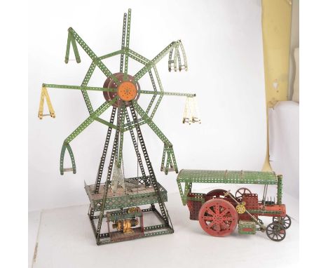 Meccano made up Models of a Ferris Wheel and Traction Engine, Ferris wheel made from red and green girders with yellow seats,