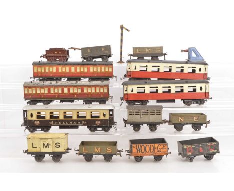 Hornby and others 0 Gauge Rolling Stock and Accessories, Three Hornby No. 2 Pullman Coaches, one in original livery, the othe