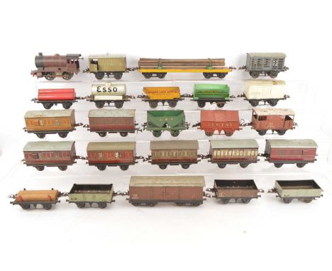 Hornby 0 Gauge unboxed pre and post-war Locomotive Coaches and Wagons (25), including, Type 501 LMS maroon 0-4-0 Loco 5600 (n