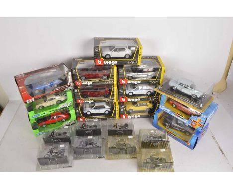 1:24 Scale Vintage and Modern Road Cars and Motor Bikes, (21),  all boxed/bubble packed, Burago, 22061 Range Rover in silver,