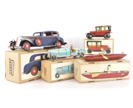 1980's Paya clockwork Tinplate Vehicles  and Rowing Boat in original boxes (4) 1-863 red Taxi, 914 blue Bugatti Racing Car No