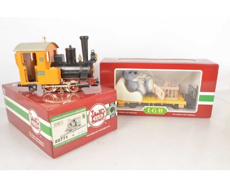 A LGB G scale (gauge 1) 0-4-0T 'OHO' Locomotive and Teddy Wagon (2), the locomotive in yellow as No. 8 'OHO', ref 92079, G, s