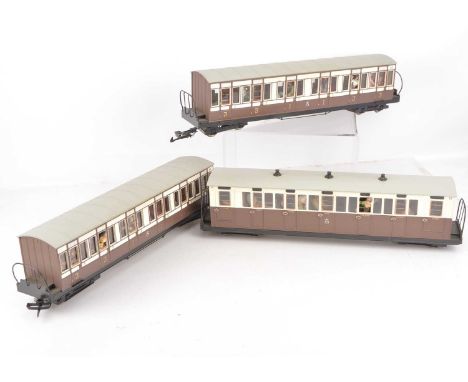 Three scratch-built G scale (gauge 1) Ffestiniog Railway bogie Coaches, all in FR brown and ivory and with end balconies, rep