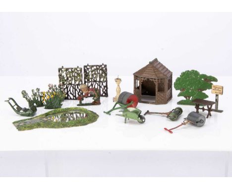 A lot of garden accessories by various makers including Pixyland and Hill comprising Wend al bush, Crescent Toys diecast bush