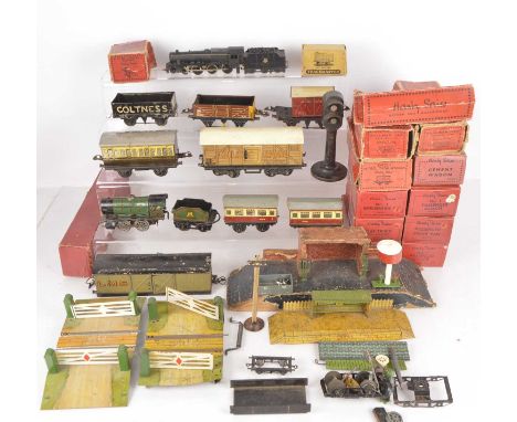 Assorted Hornby 0 Gauge and other items, boxed pre-war Castrol tanker (dated 2-39, VG), red and green USA-made American coach