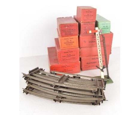 A Hornby 0 Gauge clockwork Train with accessories (qty), comprising boxed No. 40 locomotive (mech tested okay), with key, box