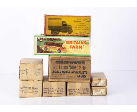 A lot of empty Britains farm item boxes comprising 129F Timber Trailer, 565 Goslings, 927, 928 and 929, all posts, 1433 Cover