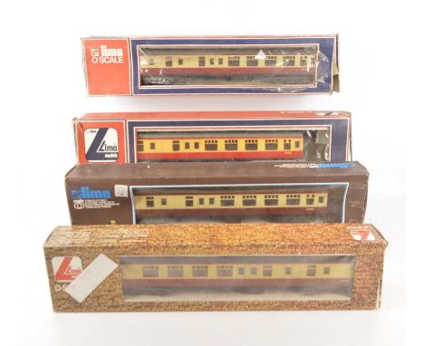 Lima 0 Gauge BR blood and custard Brake/2nd Corridor Coaches (4), all 34100, three in later more realistic livery and one in 