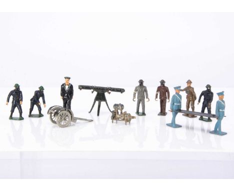 Military figures by various makers including Crescent Toys and Hill comprising Taylor & Barrett Chemical Warfare stretcher be