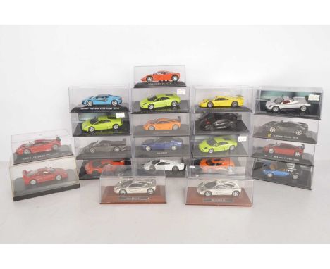 Modern Diecast Sports Cars (21), all cased only,  appear to be mainly magazine issue, Mclarens, Lamborghini, Bugatti, Pagani,