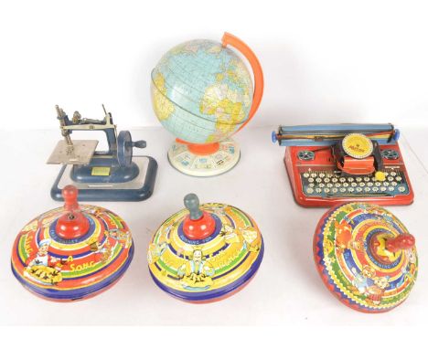 Assorted metal Toys (6), comprising Vulcan all-metal child's Sewing Machine, Mettoy Mettype typewriter 11 in/28 cm wide (dent