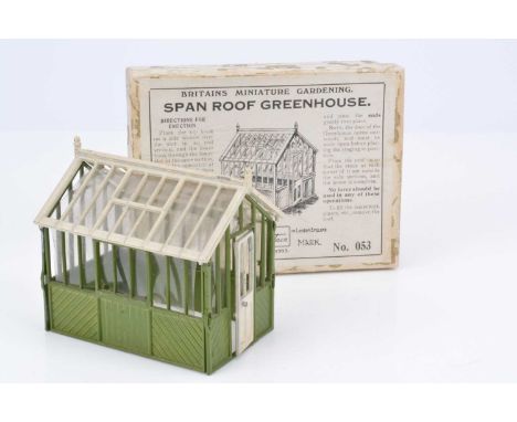 Britains boxed item No. 053 Span Roof Greenhouse, 1 side missing both clips, otherwise VG in VG box,
