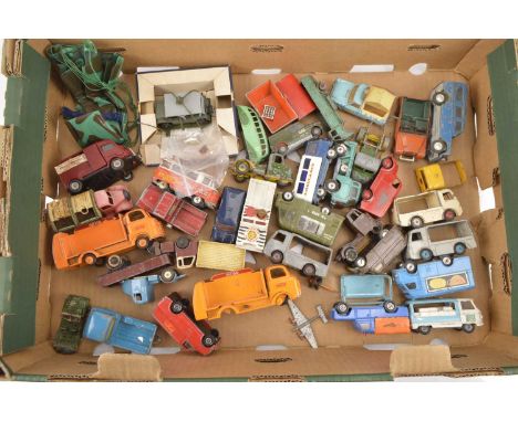 Postwar Playworn Diecast and Plastic Small Commercial Vehicles, (30+), includes military, public transport, commercial and em