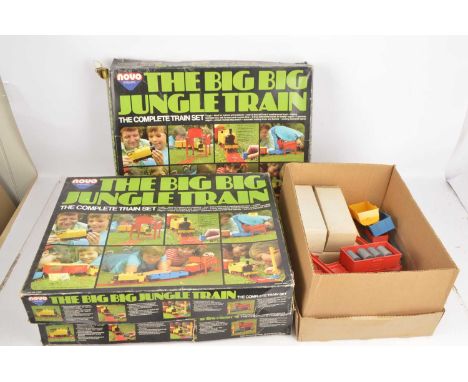 Large collection of Tri-ang Big Big 0 Gauge including Locomotive wagons, Barrel Loads and other items, in three Jungle Train 