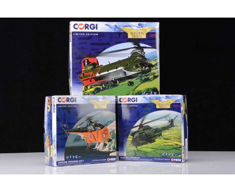 Corgi Aviation Archive 1:72 Scale Helicopters, all three boxed, AA34215 Boeing Chinook HC.4 RAF 18 Sqdn 100 year anniversary 