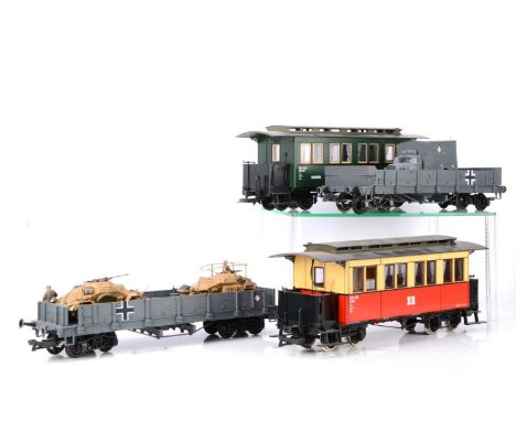 Two G scale (gauge 1) German DR bogie Coaches by LGB and two Military Wagons (4), clerestory-roofed short bogie coach 900-229