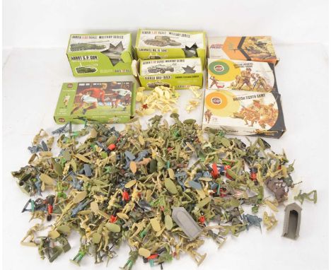 Collection of Airfix Britains and other 1:32 scale plastic soldiers footballers and vehicles (qty), comprising in original bo
