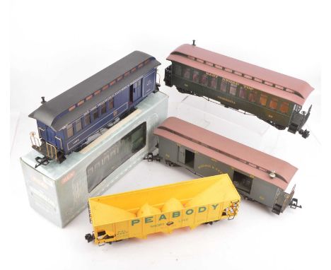 Four Bachmann G scale (gauge 1) American Coaches and Hopper Car (5), coaches all with clerestory roofs, including boxed Santa