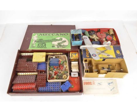 Early post-war Meccano Accessory Sets 4 and 4a Electric Motor and Frog Aircraft, Set 4A, with instructions dated 3/47, in ori