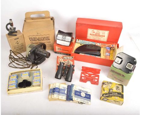 Various slide and projection Toys form 1950's-60's (qty),  Merit ACE Film Projector (handle require regluing) with 15 strips 