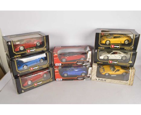 1:18 Scale Modern Italian Sports Cars (8), all boxed, Polistil 63179 Lamborghini Mura in yellow, Motor Max 73147 Pagani Zonda