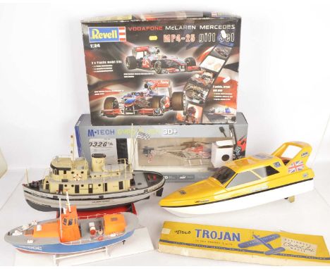 Radio Controlled Boat and Helicopter with various Accessories and Revell car kits and Balsa Airplane kit,  M TECH Gyro Flyer 