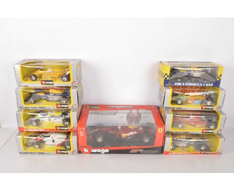 1:18 Scale and 1:24 Scale Formula One Cars (9), all boxed, Burago 1:18 scale 16808 Ferrari SF 1000, Tuscan GP C Leclerc, 1:24