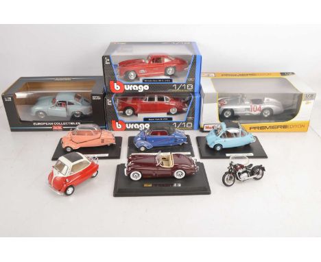 Modern Diecast Postwar British and Continental Larger Scale Cars (10), 1:18 and smaller private and competition models, boxed