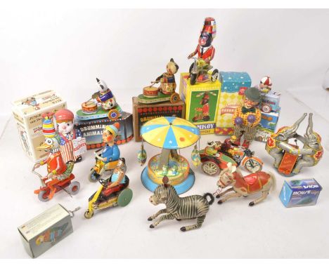 Collection of vintage and modern boxed and unboxed clockwork Tin Toys including Animals  Circus and Bicycles (12), unboxed, C