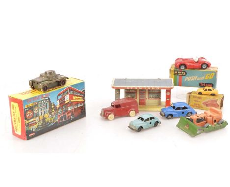 CKO  Tin Garage Gama Tank and various Tri-ang Minic plastic Vehicles (11),  CKO Esso Standard Service Station with two pumps 